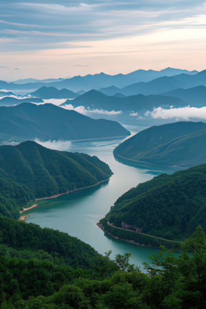Beautiful landscape with mountains and lake in the morning, South Koreaの素材