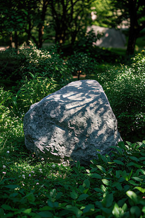 Stone in the garden in the evening light. Natural background. Selective focus.の素材
