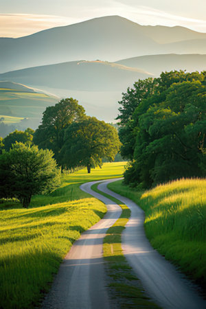 Rural road through the fields at sunsetの素材