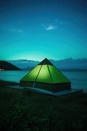 Green tent on the lake at night with starry sky background.の素材