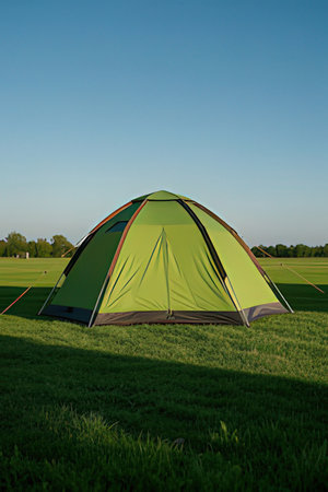 Camping tent on a green grassy field with blue sky in the backgroundの素材