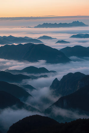 Mountain landscape at sunrise in Huangshan National Park, China.の素材