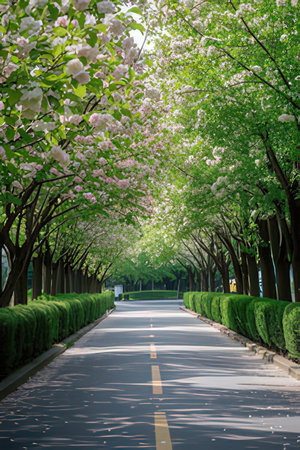 Alley of blooming trees in the city park in spring.の素材