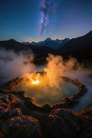 Stunning milky way over hot spring in Yellowstone National Park, Wyomingの素材