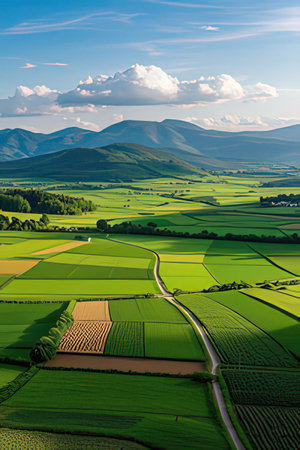 Aerial view of green agricultural fields in the Ukrainian Carpathiansの素材