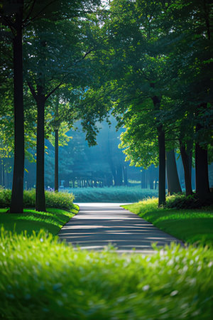 Pathway in the park with green grass and trees in the backgroundの素材