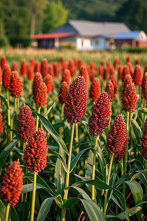 Red sorghum in the field. Sorghum is a genus of flowering plants in the Sorghum family.の素材