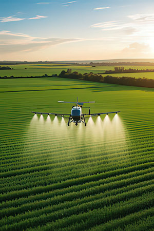 Aerial view of agricultural drone spraying pesticides on soybean field at sunsetの素材