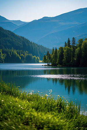 Mountain lake with clear water and green mountains in the background.の素材
