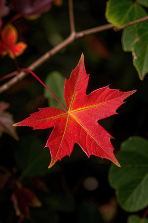 Autumn maple leaf on a dark background. Shallow depth of fieldの素材