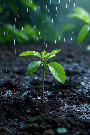 Young seedling growing in the soil with rain drops. Natural backgroundの素材