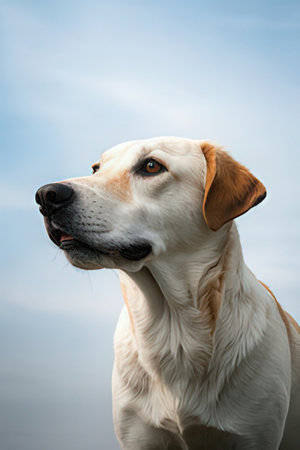 Portrait of a yellow labrador retriever dog with blue skyの素材