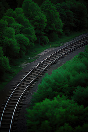 Railway tracks in the forest, 3d render, square imageの素材