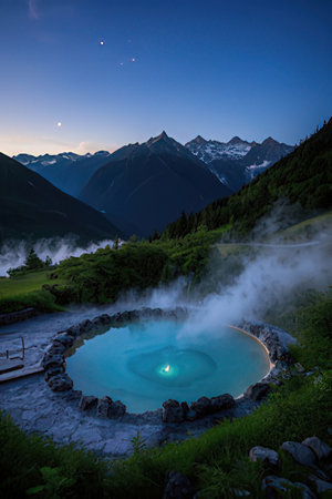 Hot spring in the Swiss Alps at night with moon and stars.の素材