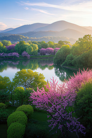 Beautiful spring landscape with blooming trees and lake in the mountainsの素材