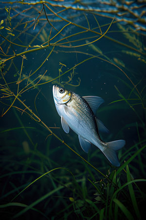 Freshwater fish swimming in the dark blue water of the lake.の素材