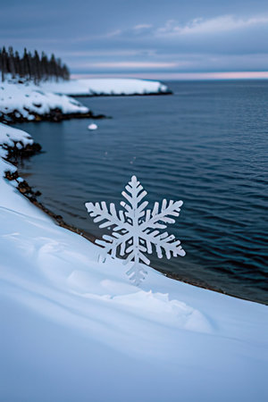 Snowflake on a rocky shore of Lake Baikal in winterの素材