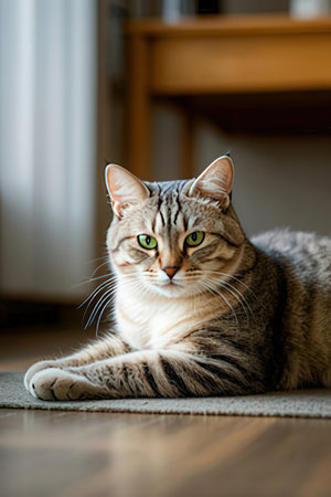 Shorthair cat with green eyes lying on the floor.の素材