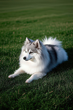 Beautiful alaskan malamute dog lying on green grassの素材
