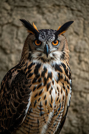Portrait of a beautiful eagle owl, close-up photo.の素材