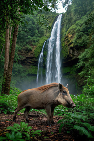 Wild boar in the forest with a waterfall in the background.の素材