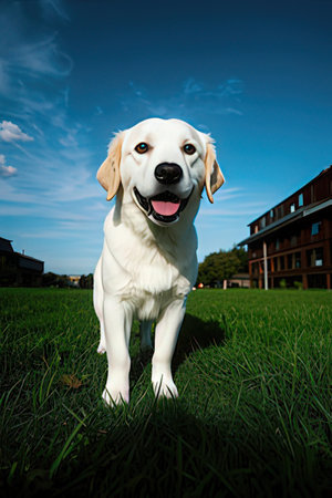 Labrador retriever standing on the grass with blue sky in the backgroundの素材