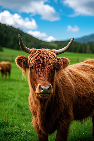 Portrait of a cow on a green meadow in the mountainsの素材