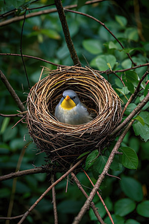 Bird in the nest on nature background. Bird in the nest.の素材