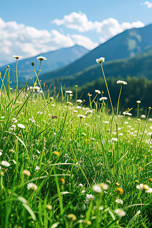 summer meadow with daisies on the background of mountainsの素材