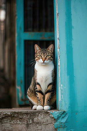 Cute cat sitting in front of the blue door, looking at cameraの素材