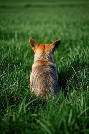 Cute fox in the green grass. Shallow depth of field.の素材