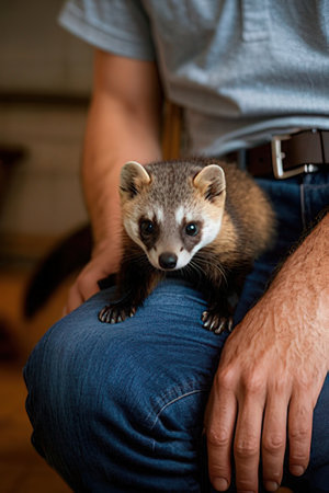 Cute ferret in the hands of a man at home.の素材