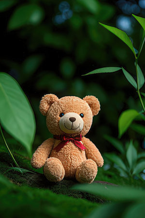 Teddy bear sitting on the grass with green leaves background, soft focusの素材