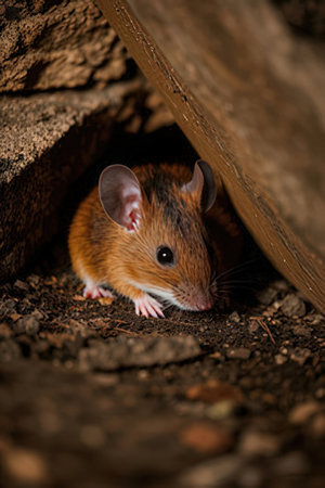 Brown mouse on the ground in the forest. Shallow depth of fieldの素材