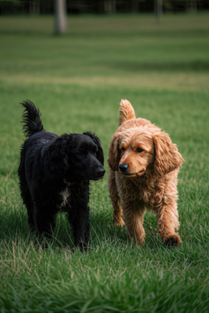 Cocker Spaniel and Black Cocker Spaniel in the parkの素材
