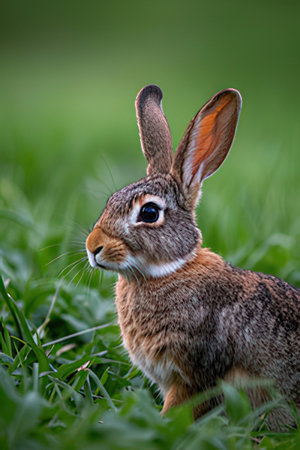 Rabbit in the meadow on a green background. Close-up.の素材