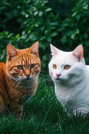 Two cats in the garden. Portrait of a red and white cat.の素材