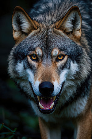 Close-up portrait of a wolf with yellow eyes in the forestの素材
