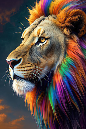 Lion portrait with colorful rainbow hair and cloudy sky background, 3d illustrationの素材