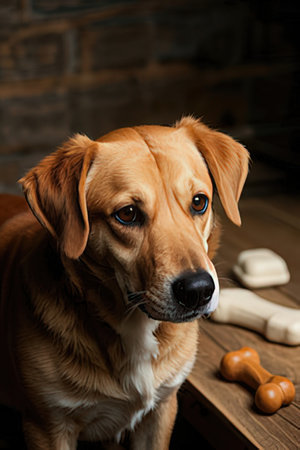 Labrador Retriever sitting on a wooden floor in a roomの素材