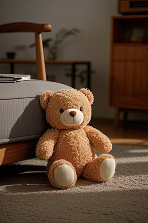 Cute teddy bear sitting on floor in room. Bedroom interiorの素材