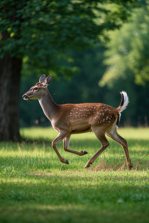 Whitetail deer fawn running in the meadow in summerの素材