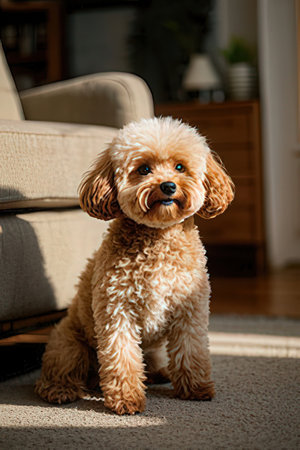 Cute poodle puppy sitting on the floor in the living roomの素材
