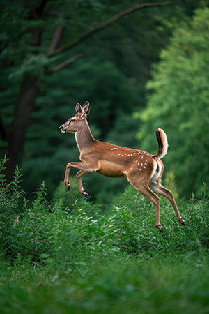 Whitetail deer fawn running on the grass in the forestの素材