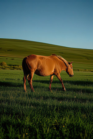 Horse on a green meadow at sunset with blue sky.の素材