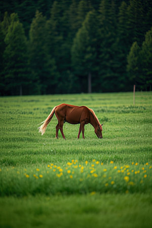 Horse grazing on a green meadow in Bavaria, Germanyの素材