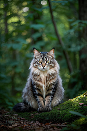 Siberian cat sitting in the forest on mossy rock.の素材
