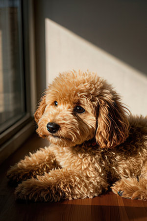 Cute brown poodle dog lying on the floor near the windowの素材