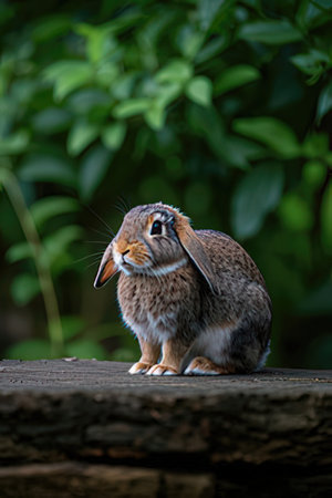Rabbit sitting on a log in the garden looking at the cameraの素材