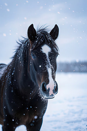 Beautiful black horse portrait in winter snowfall. Close-upの素材